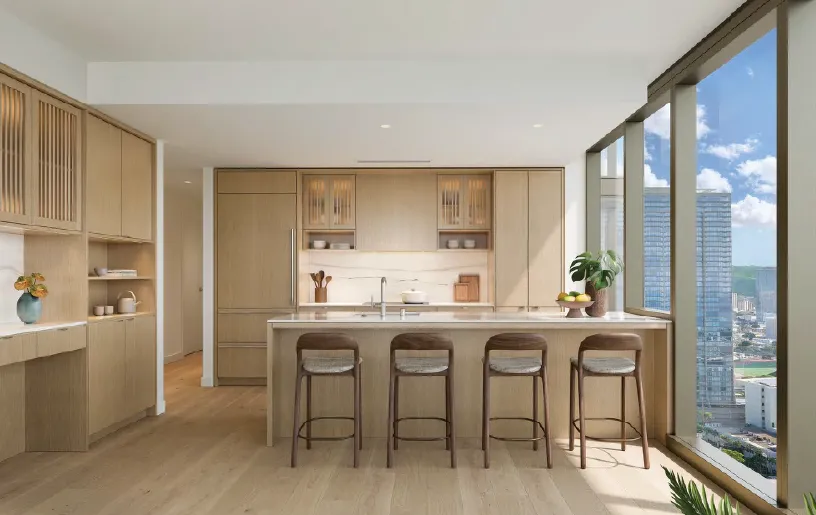 Mahana planned kitchen with island seating - developer rendering