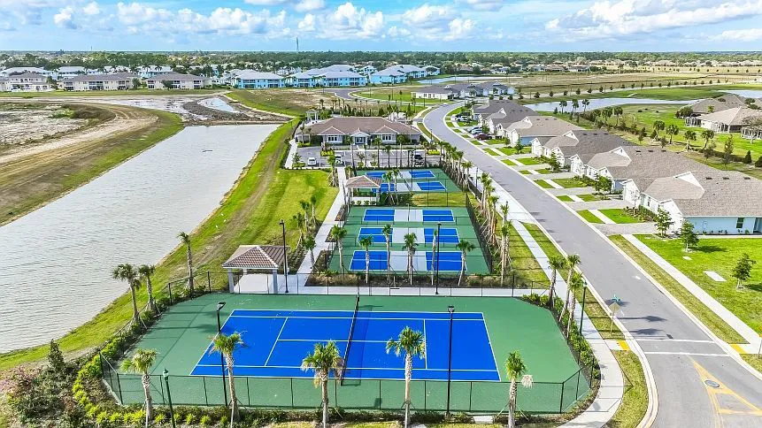 Aerial view of Central Parc recreational courts and lake