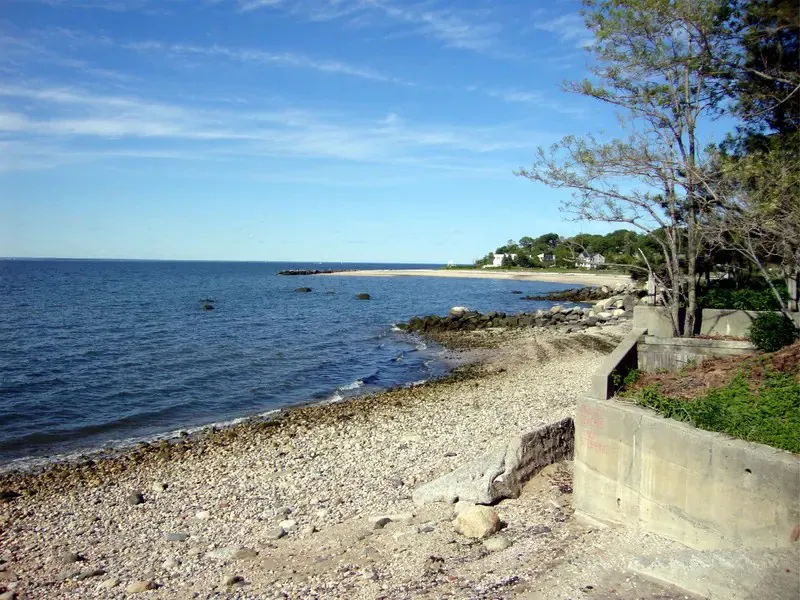Rocky Long Island Sound shoreline in Bayville, New York