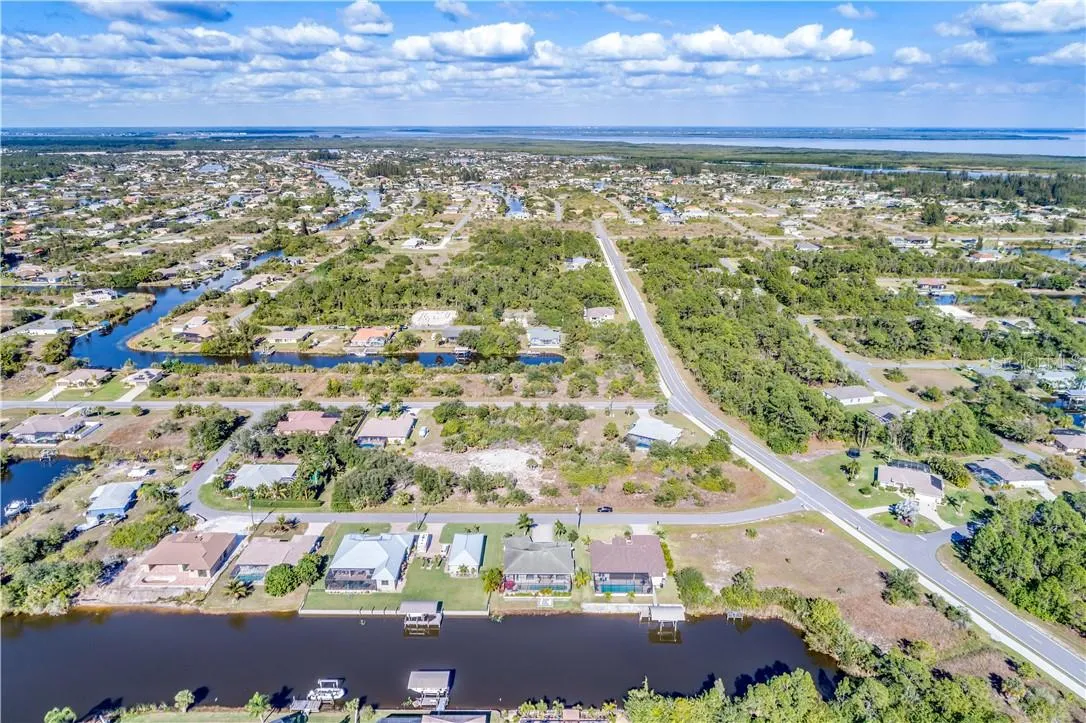 Aerial view of homes, streets and canals in South Gulf Cove