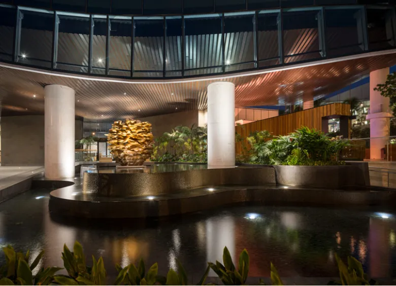 Waiea lobby arrival area with sculpture and water features