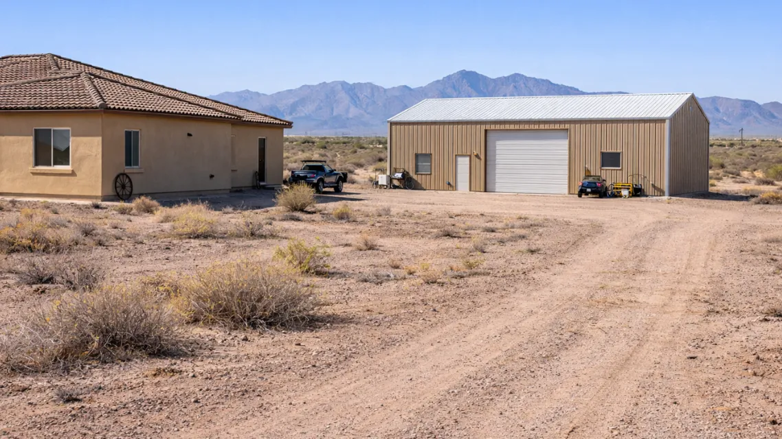 Arizona desert home on a large lot with a detached metal workshop beside the house.