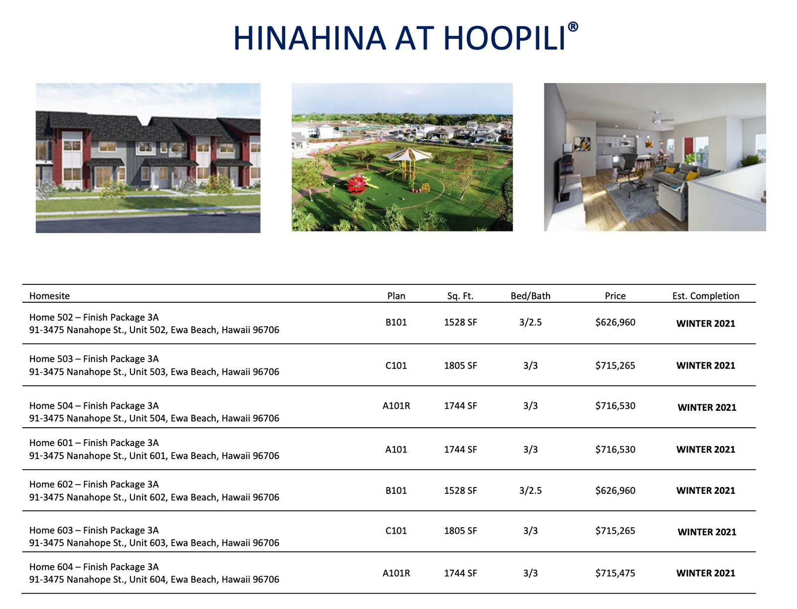 Hinahina Price Sheet - First Release