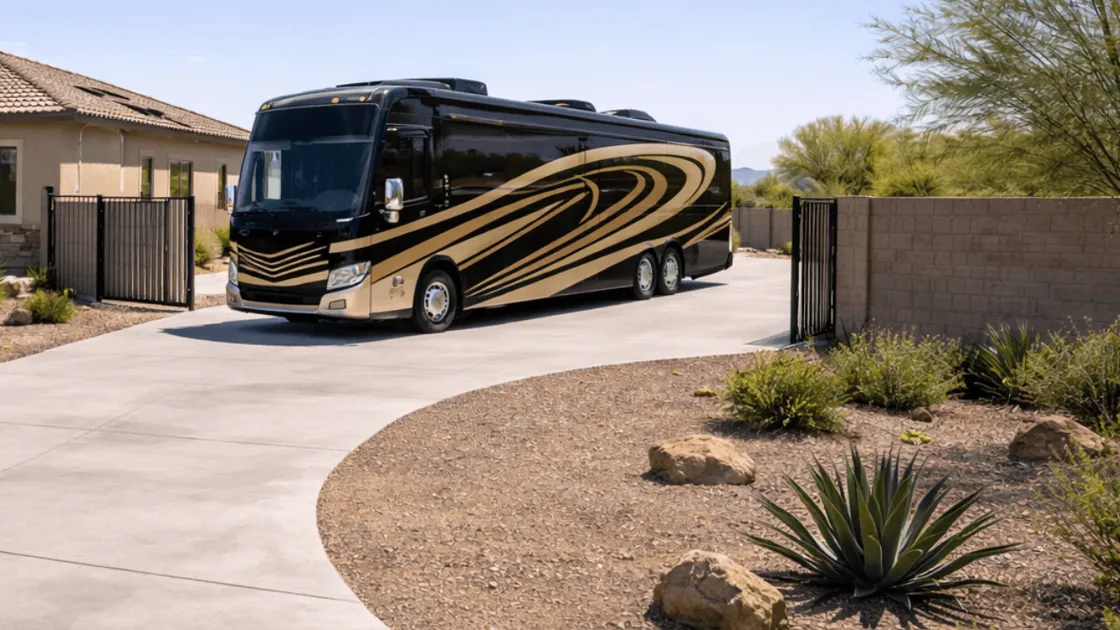 Buckeye Arizona home with a curved driveway and gated side-yard RV parking, showing a large motorhome turning into a dedicated RV pad