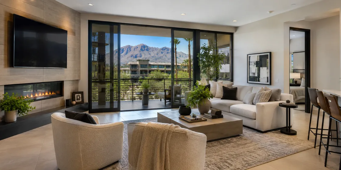 interior of a scottsdale condo with mountain views and a fireplace