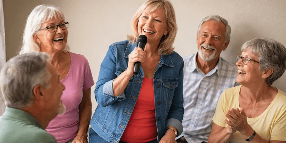 Residents enjoying a karaoke gathering at a 55+ community in Phoenix