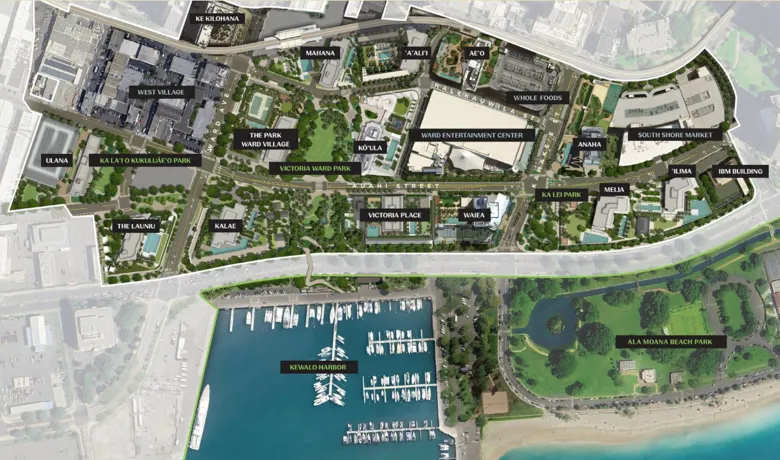 Ward Village master plan showing Waiea, neighboring projects, parks and Kewalo Harbor