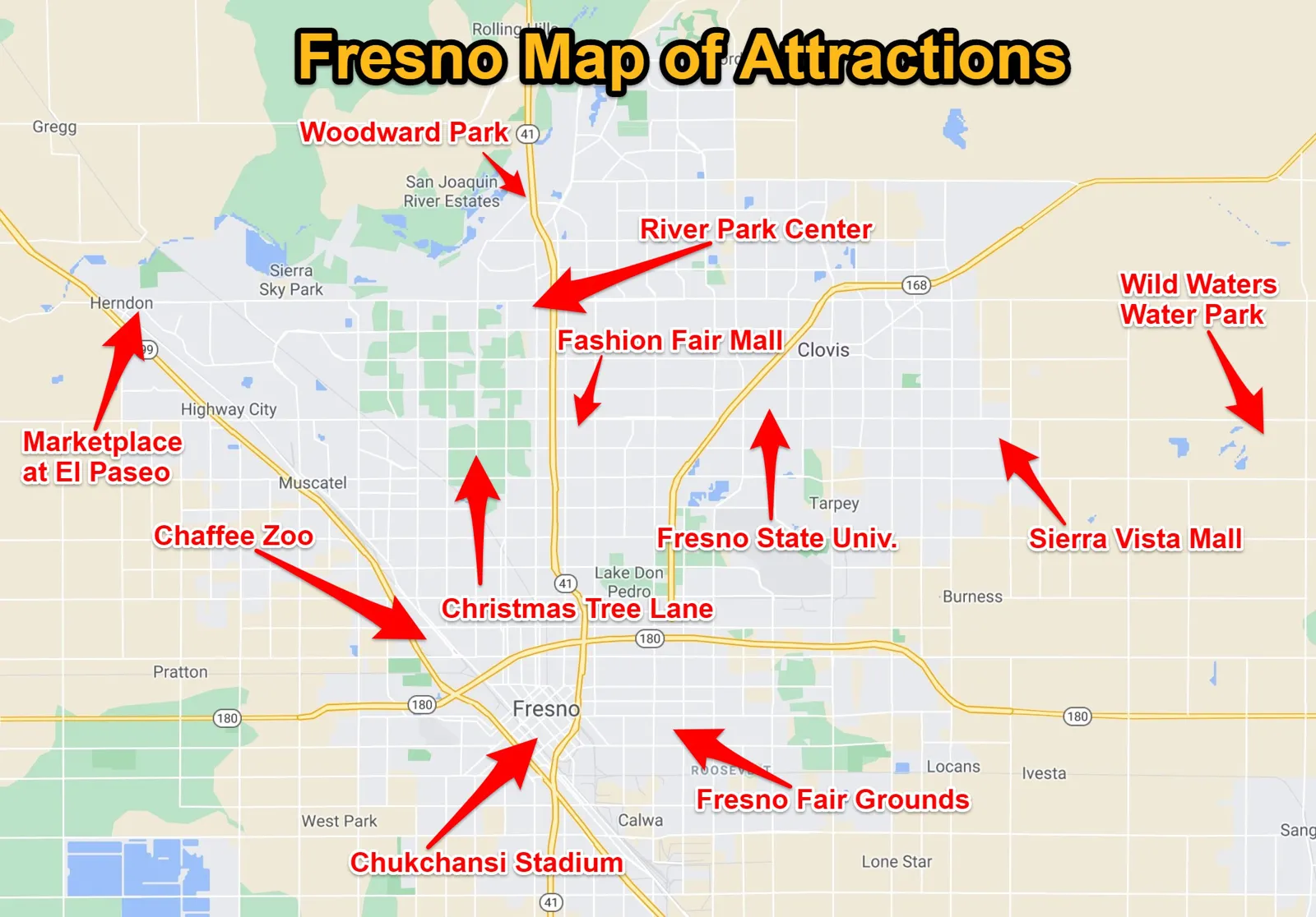 Map of attractions in Fresno